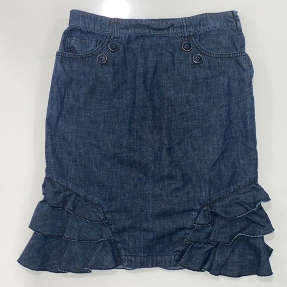 Pilcro and the Letterpress Dark Blue Denim Pencil Skirt with Ruffle Hem
